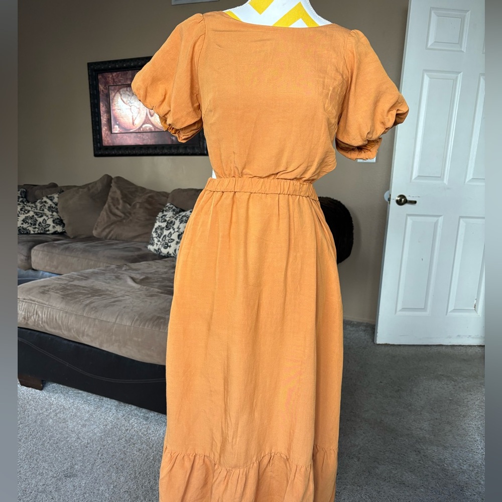 Astr Mustard Puff Sleeve Midi Dress